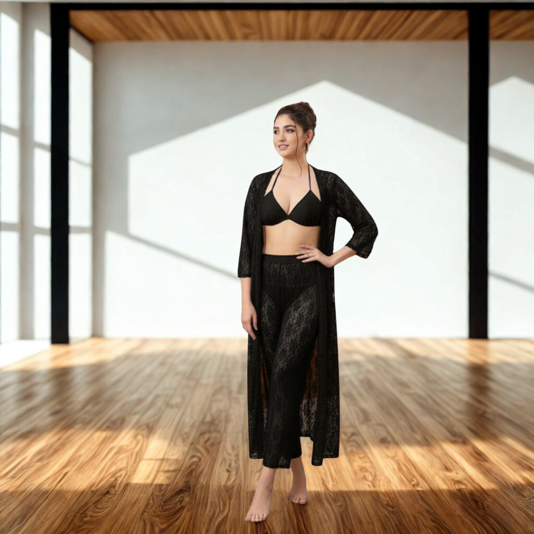 Premium 4-Piece Black Floral Net Nighty Set