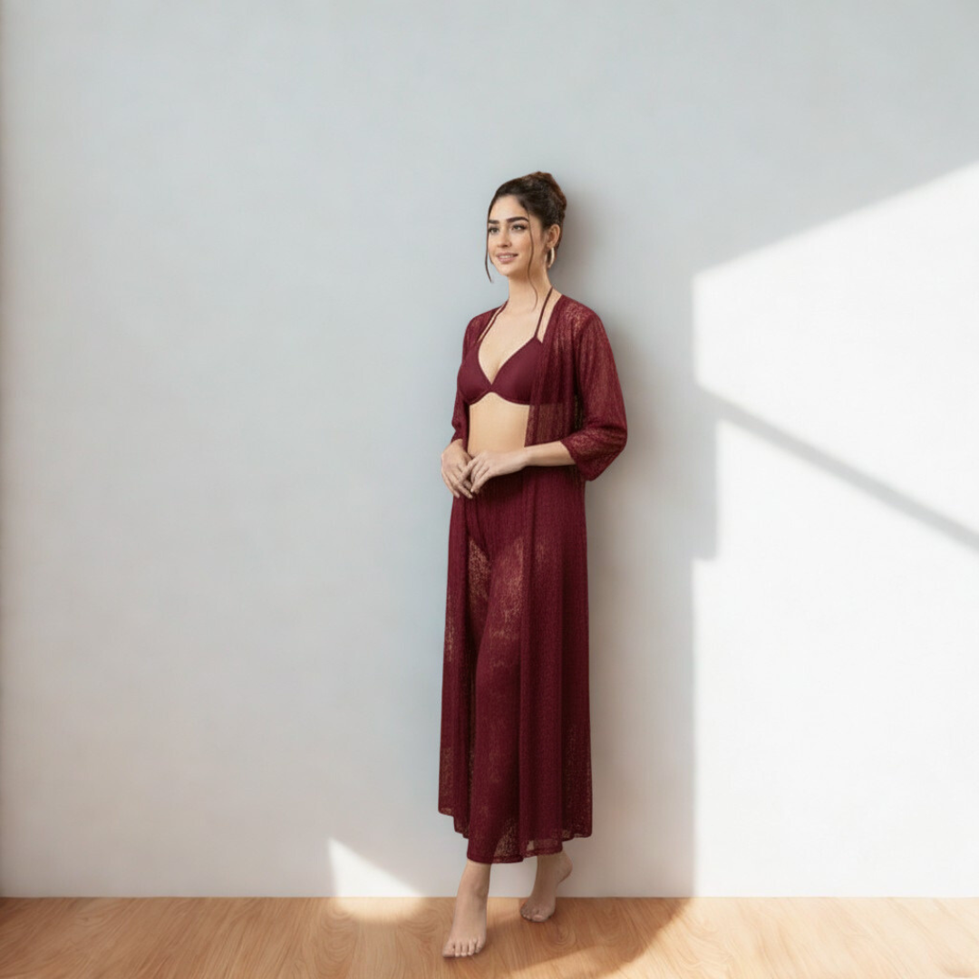 Premium 4-Piece Black Floral Net Nighty Set