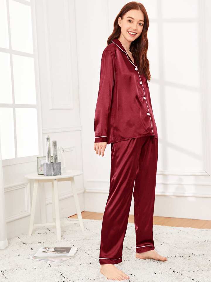 Black 100% Pure Silk Pajama Set | Contrast Piping