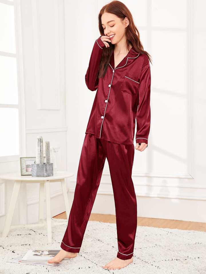 Mahroon 100% Pure Silk Pajama Set | Contrast Piping