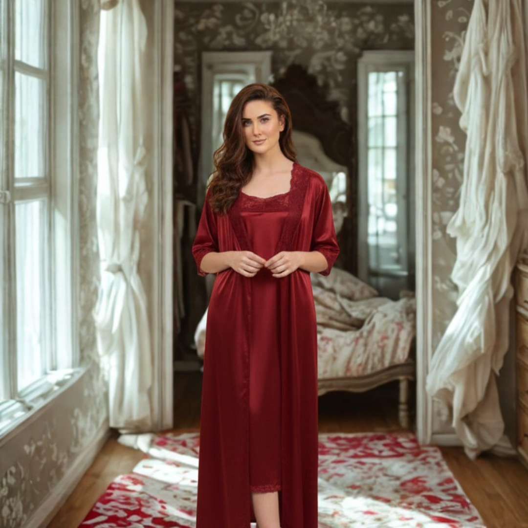 Luxury 2 pcs Long Inner And gown Nighty with Robe
