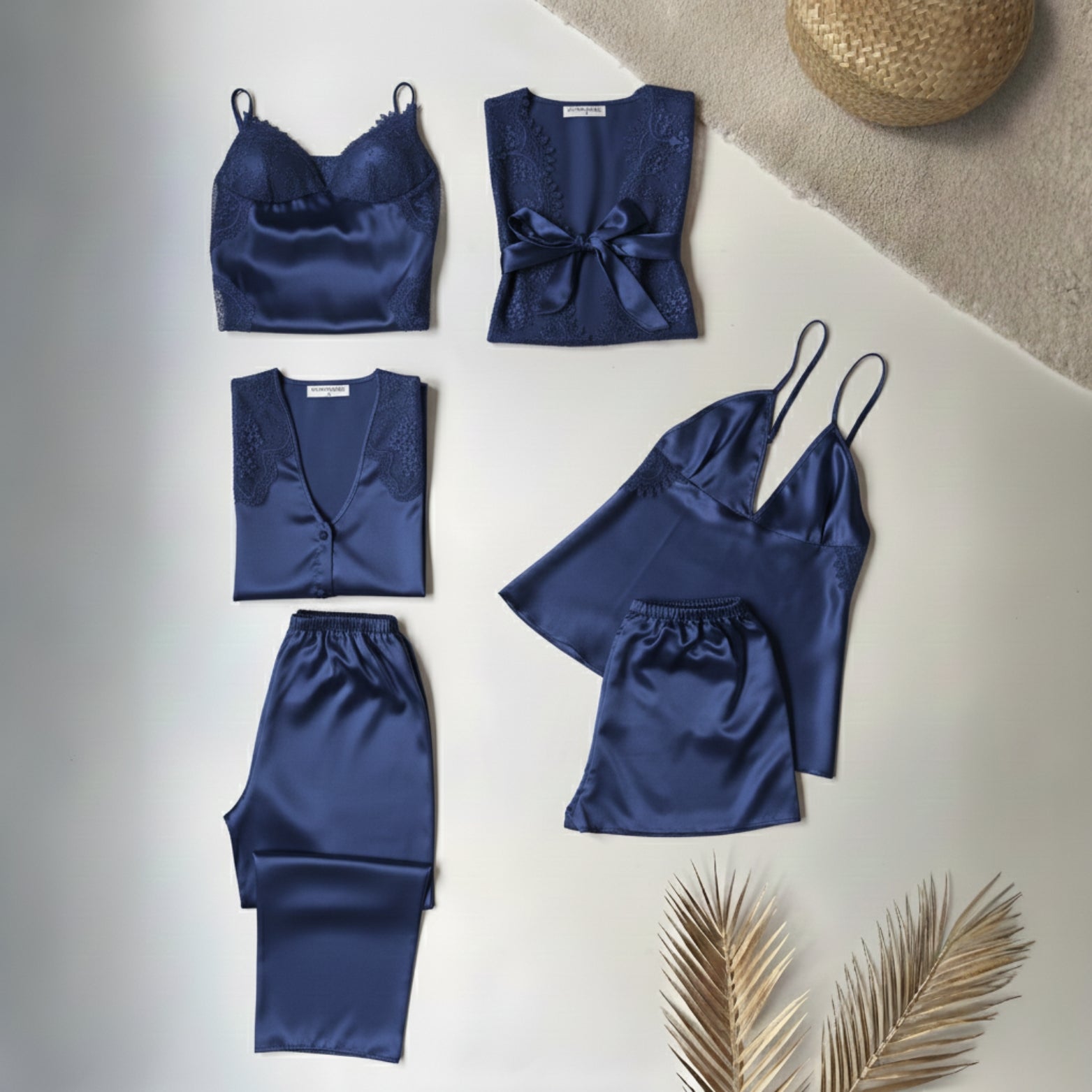 6 Piece Luxury Silk Nightwear Set Blue
