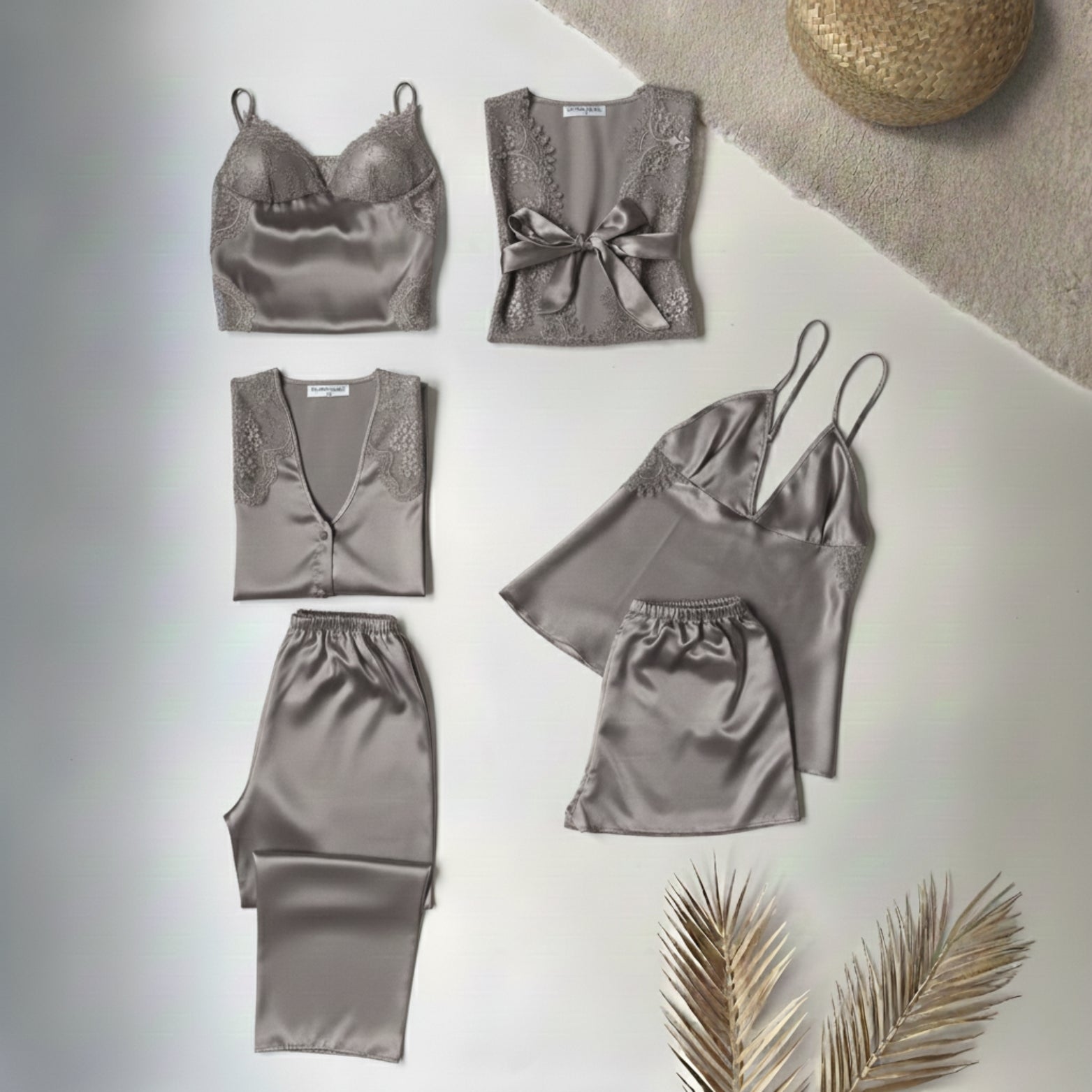 6 Piece Luxury Silk Nightwear Set Grey