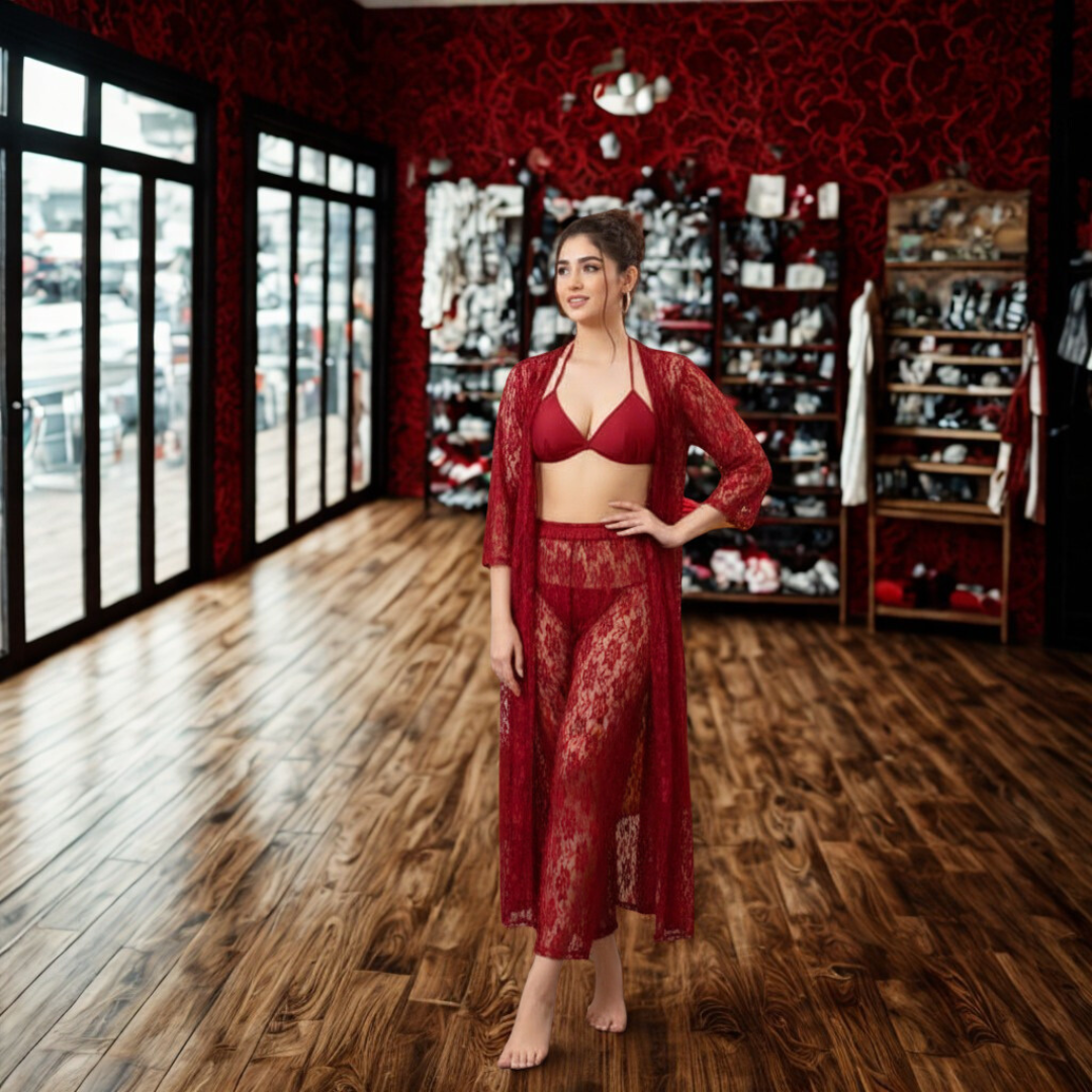 Premium 4-Piece Black Floral Net Nighty Set