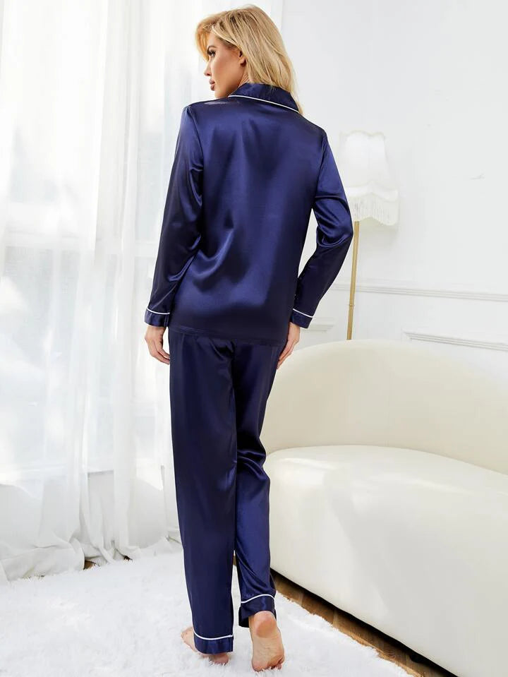 Midnight Blue 100% Pure Silk Pajama Set | Contrast Piping