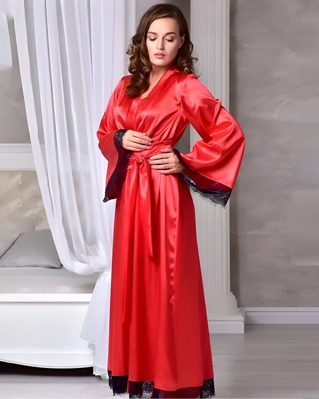 3-Piece Silk Satin Long Gown & Lace Bikini Set