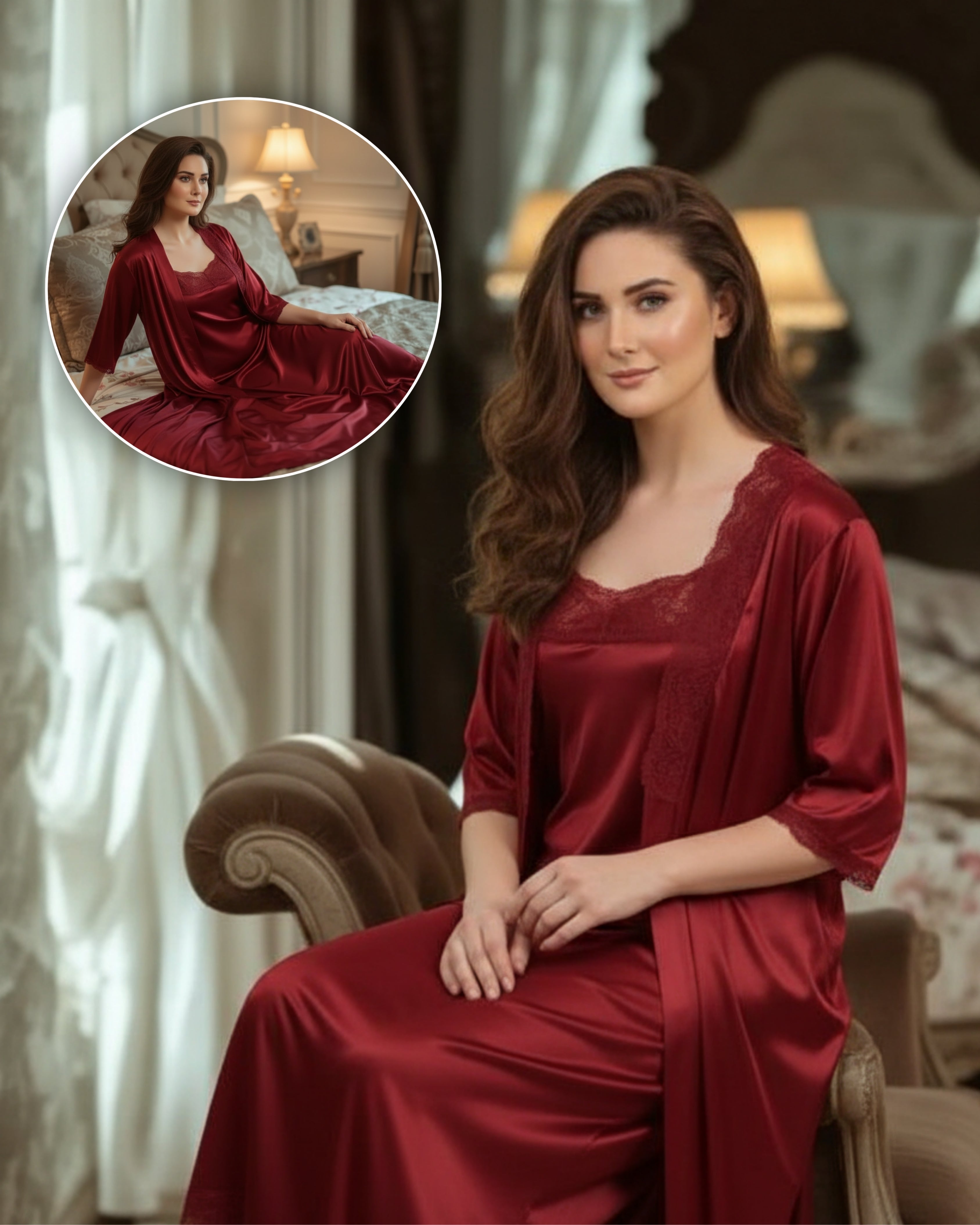 Luxury 2 pcs Long Inner And gown Nighty with Robe