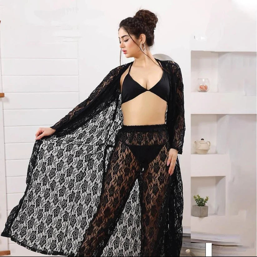 Premium 4-Piece Black Floral Net Nighty Set