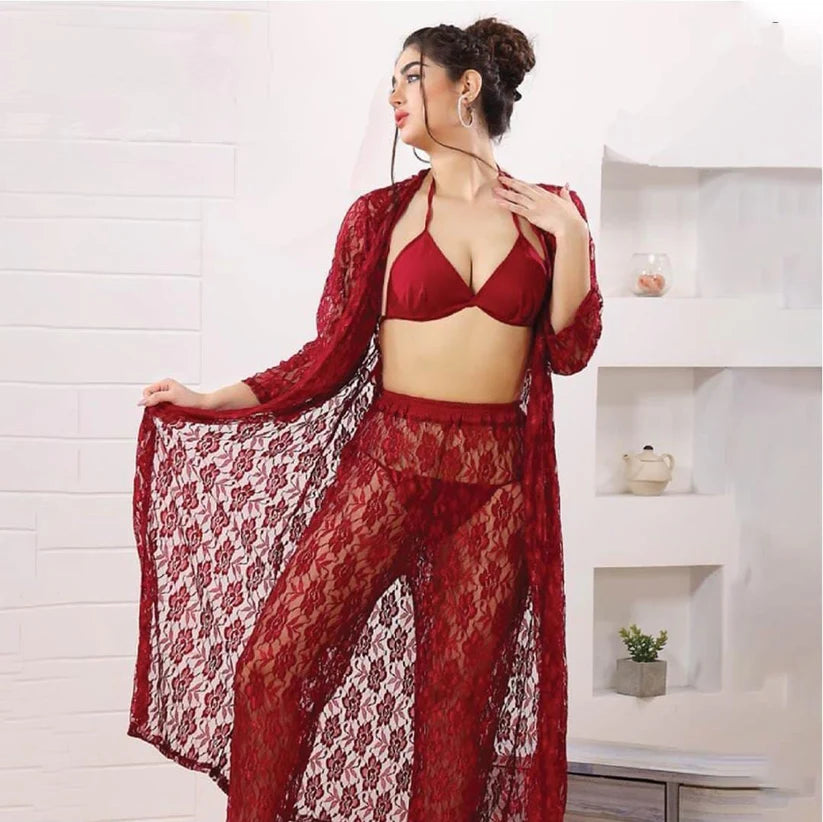 Premium 4-Piece Black Floral Net Nighty Set