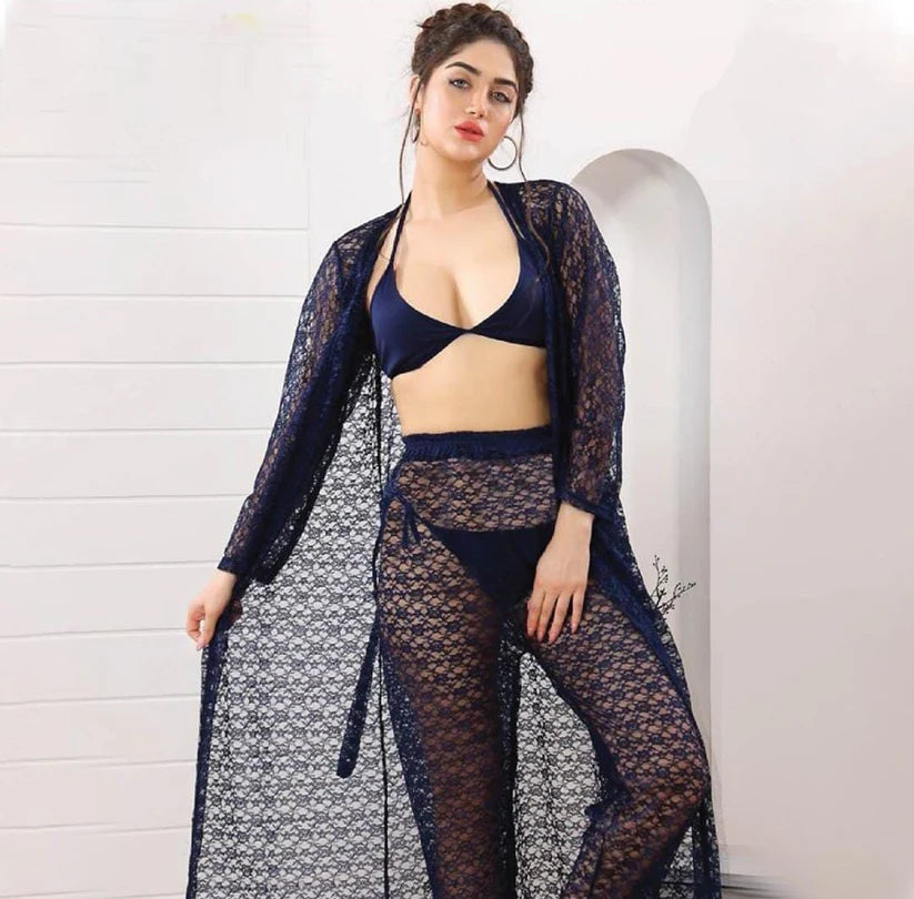 Premium 4-Piece Black Floral Net Nighty Set