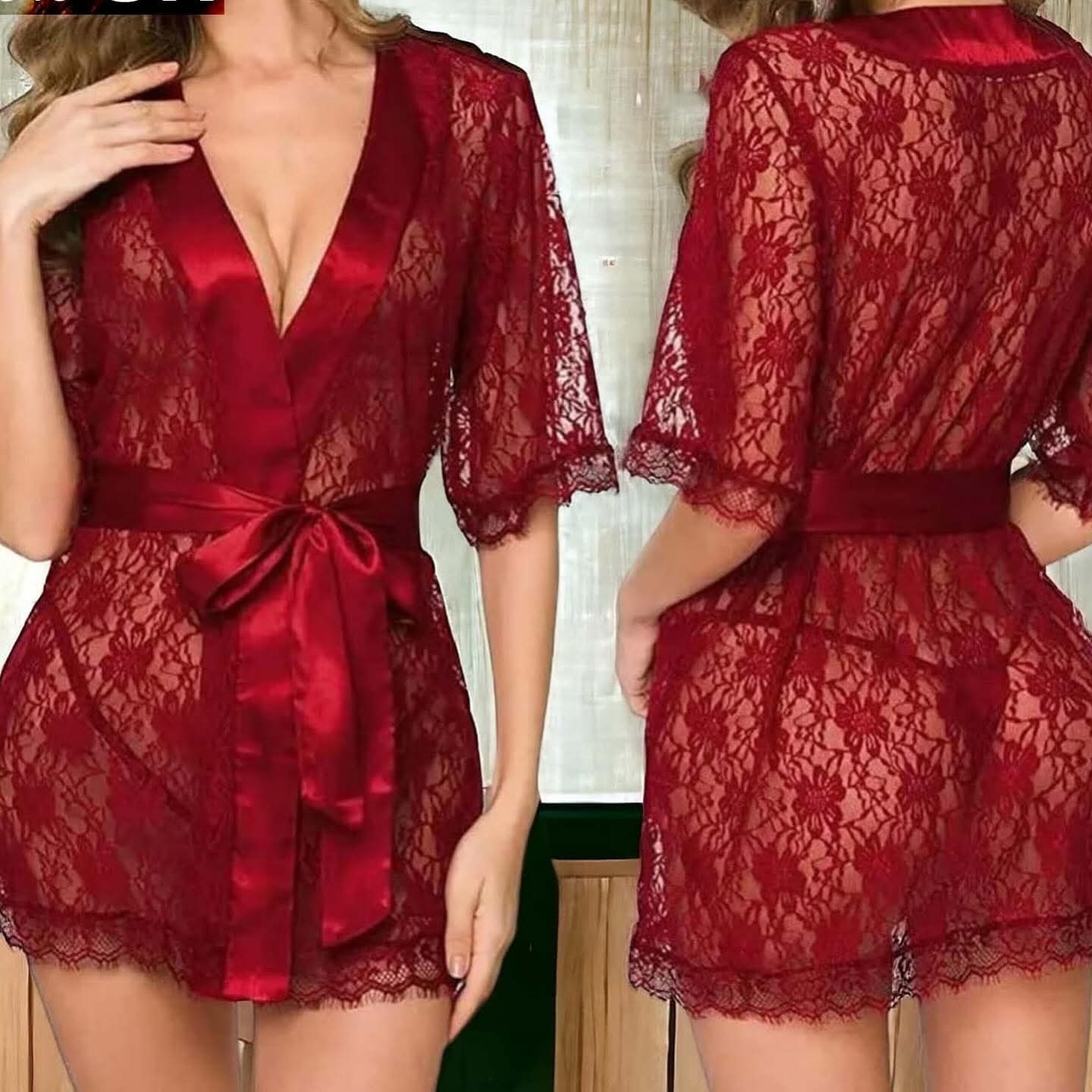 Sheer Lace Robe with Satin Belt