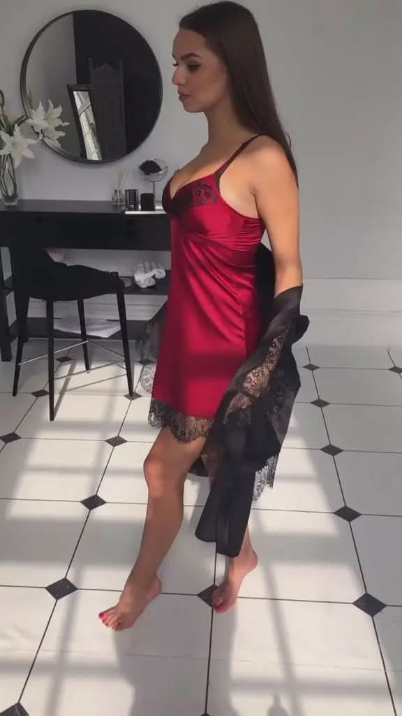 Wine Red 2-Piece Satin Lingerie & Loungewear Set with Black Lace