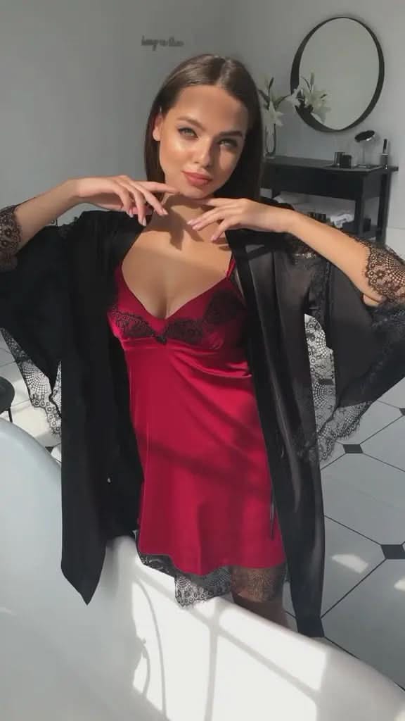 Wine Red 2-Piece Satin Lingerie & Loungewear Set with Black Lace