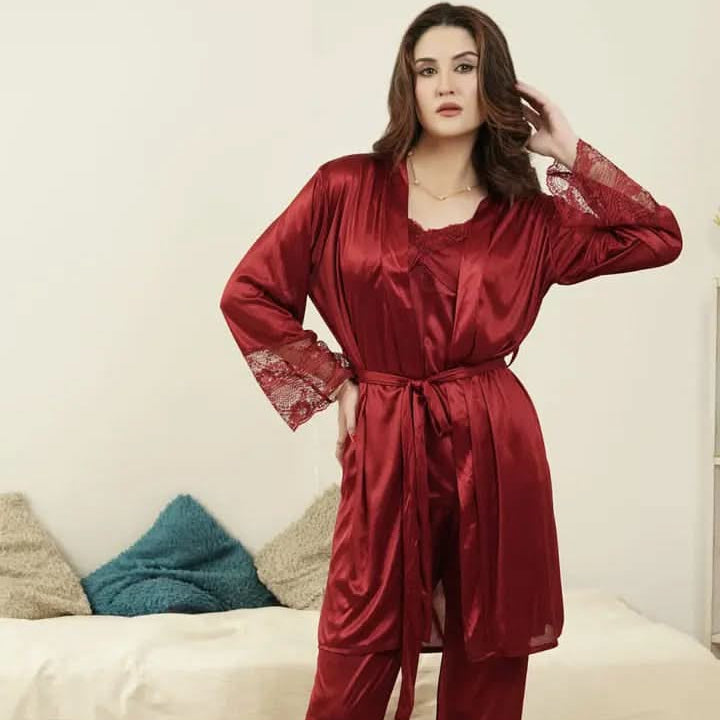 Navy Lace-Trimmed Satin 3-Piece Nightwear Set