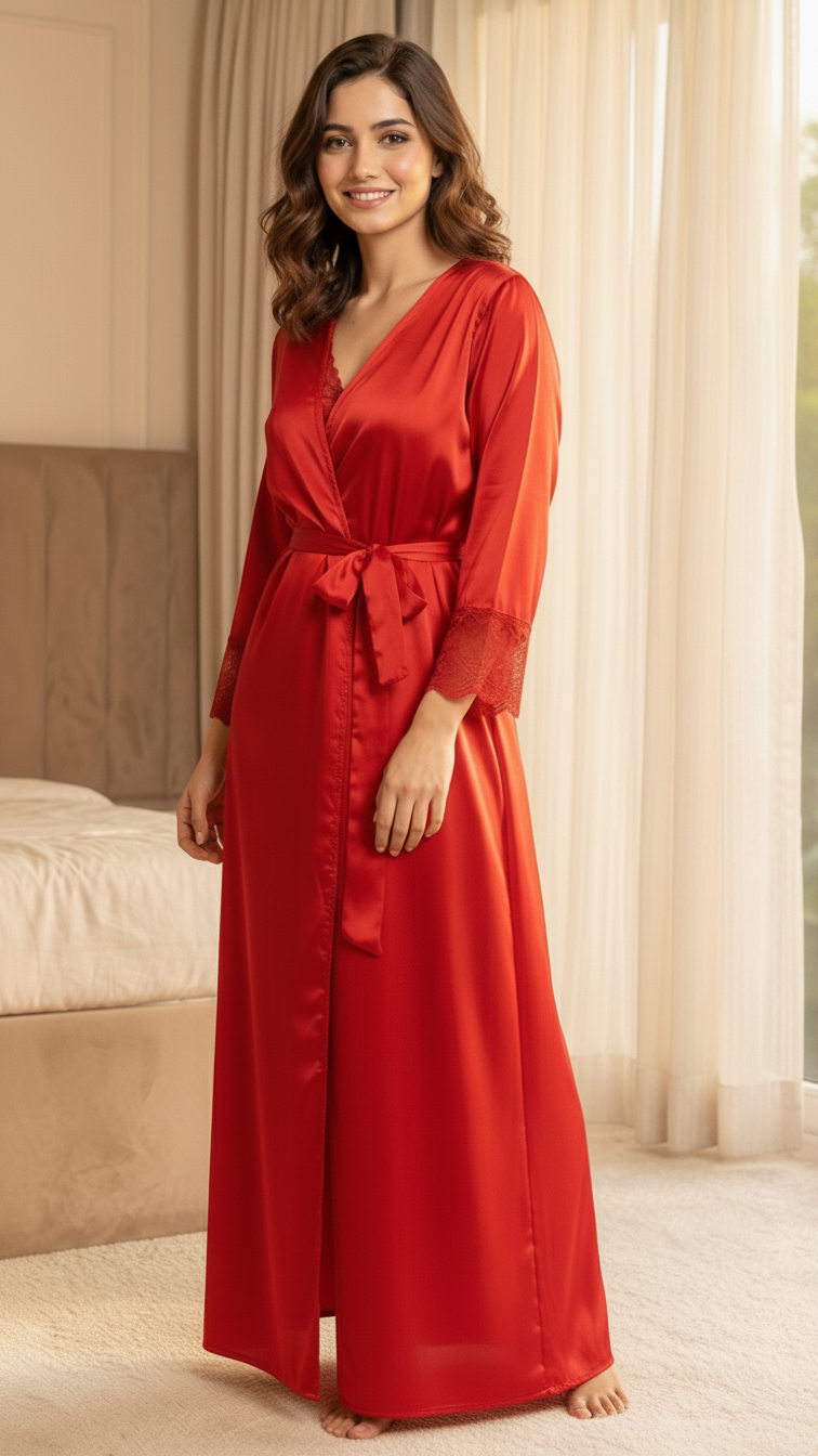 3-Piece Silk Satin Long Gown & Lace Bikini Set