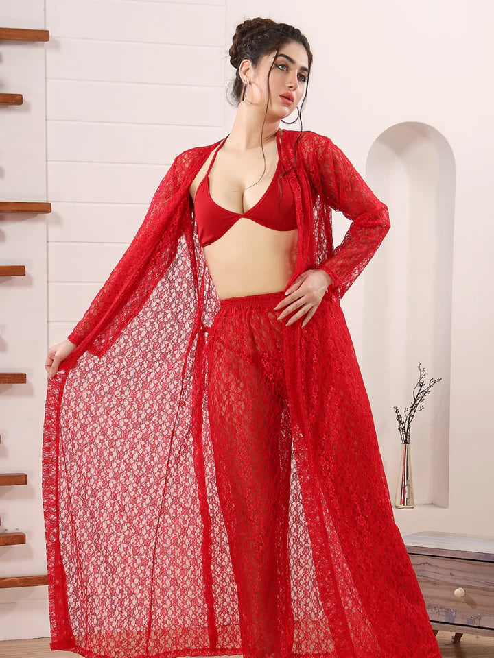 Premium 4-Piece Floral Net Nighty Set