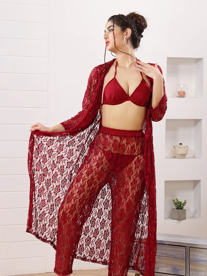 Premium 4-Piece Floral Net Nighty Set