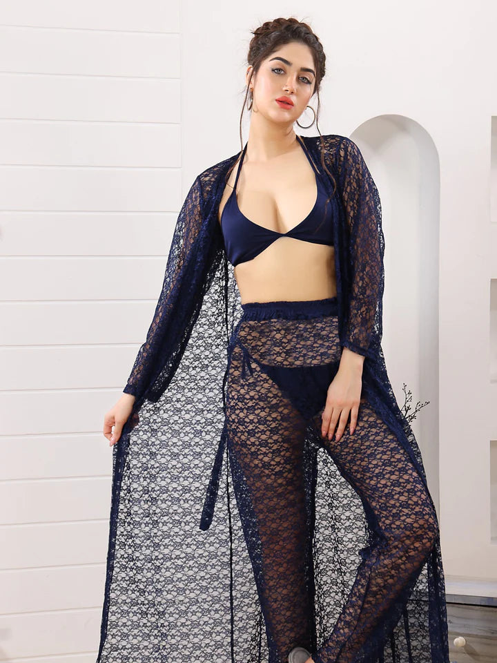 Premium 4-Piece Floral Net Nighty Set