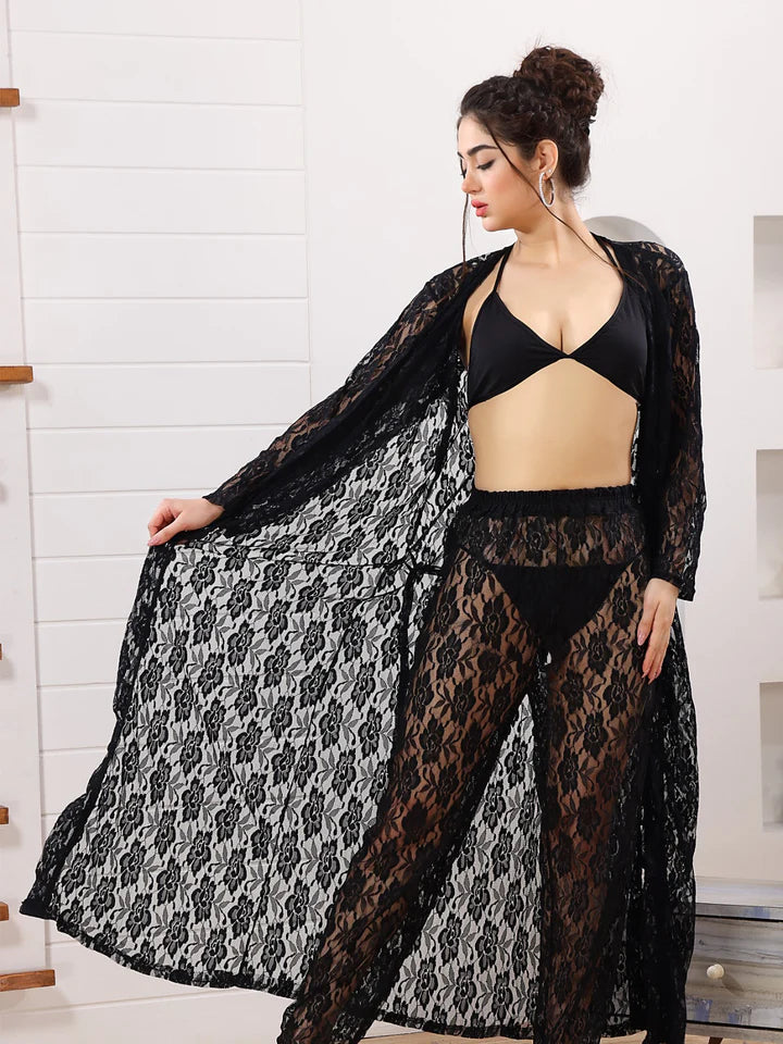 Premium 4-Piece Floral Net Nighty Set